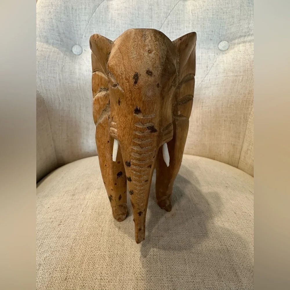 Vintage Hand Carved Teak Wood Elephant Sculpture Figurine Tusks African Decor